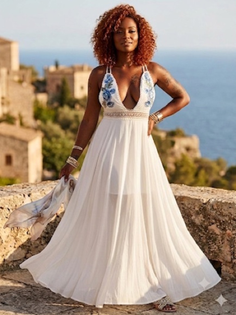 Fashion Nova Ivory Maxi Dress with Navy Floral Details